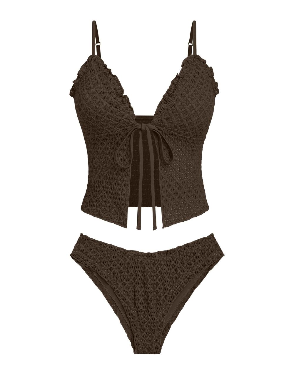 Y2K Tankini Sets Tie Front Ruffle Bikini Set High Cut Thong Two Piece